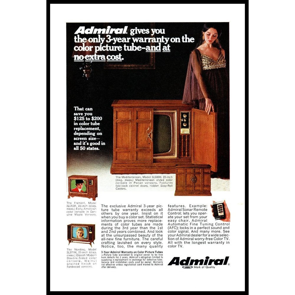 1969 Admiral Console TV Color Television Vintage Print Ad Woman Evening Gown Art